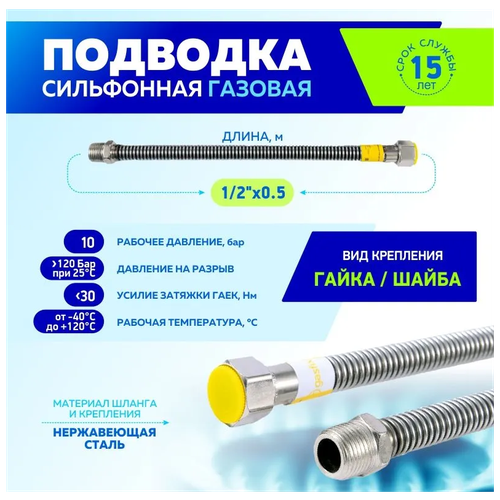 Шланг, подводка для газовых систем Thermofix 1/2 0,5 метров Гайка-шайба, 1 шт. шланг подводка для газовых систем thermofix 1 2 4 метра гайка шайба 1 шт