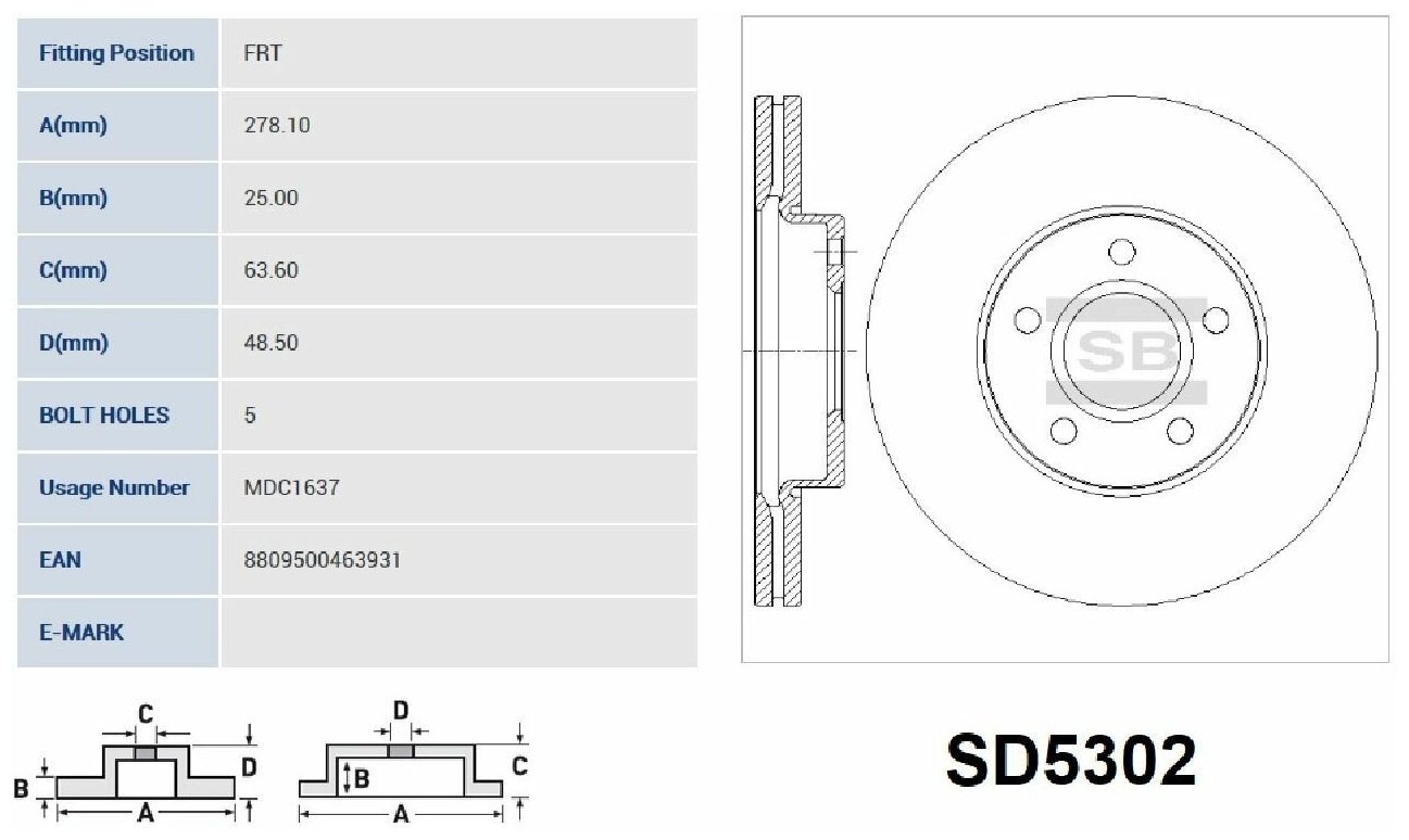 SANGSIN BRAKE SD5302 Диск тормозной FORD C-Max (2003-) Focus (2003-2005) Focus II (2004-2011) передний