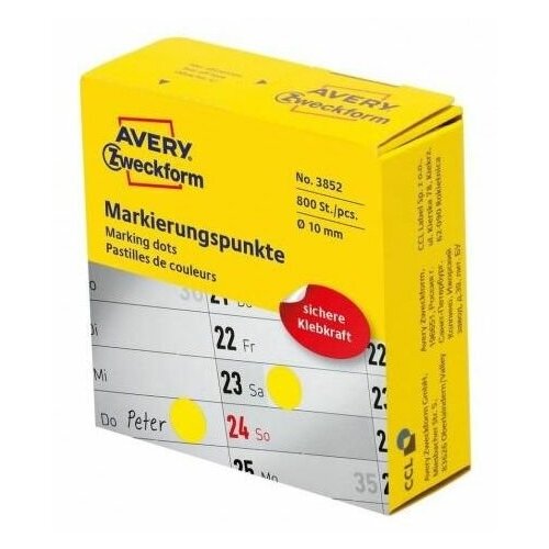 Этикетки Avery Zweckform 3852 800шт на листе диаметр 10мм/70г/м2/желтый самоклей. универсальная (упак.:1рул)