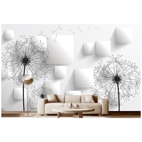 Фотообои на стену флизелиновые Модный Дом Одуванчики с белыми квадратами 400x250 см (ШxВ), в спальню, гостиную