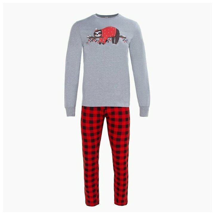 Пижама мужская RADI (фуфайка/брюки) ленивец принт (НГ), цвет серый/красный, р-р 50 - фотография № 1