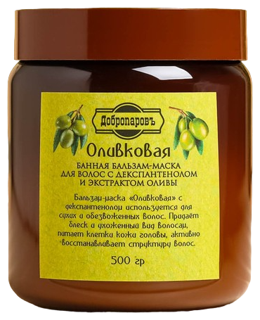 Добропаровъ Банная маска для волос натуральная "Оливковая" с Д-пантенолом, 500 г, 500 мл, банка - фотография № 1