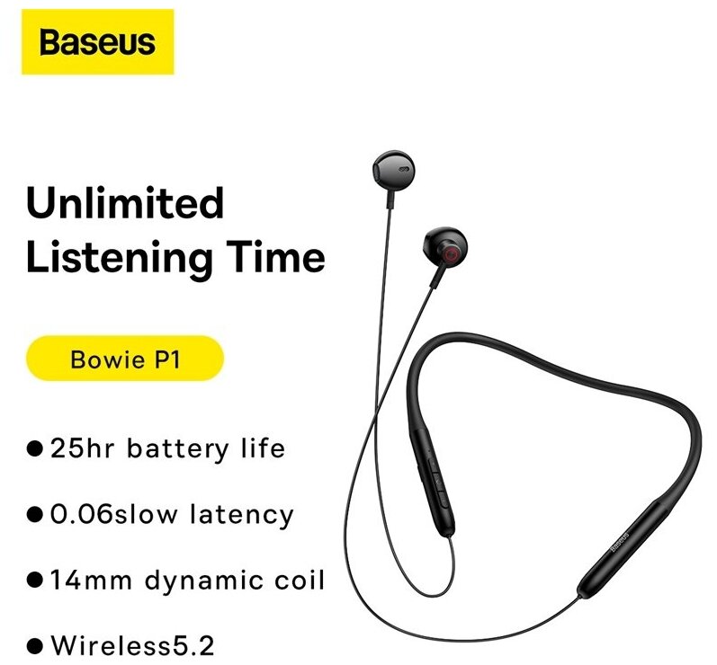Беспроводные наушники Baseus Bowie P1 Half-In-ear с шейным ремешком черного цвета