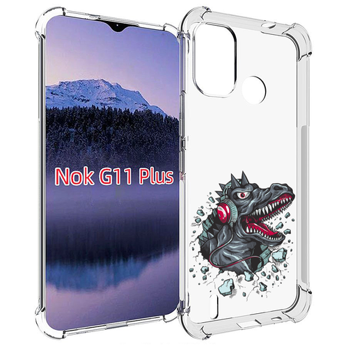 Чехол MyPads Нарисованный динозавр в наушниках для Nokia G11 Plus задняя-панель-накладка-бампер