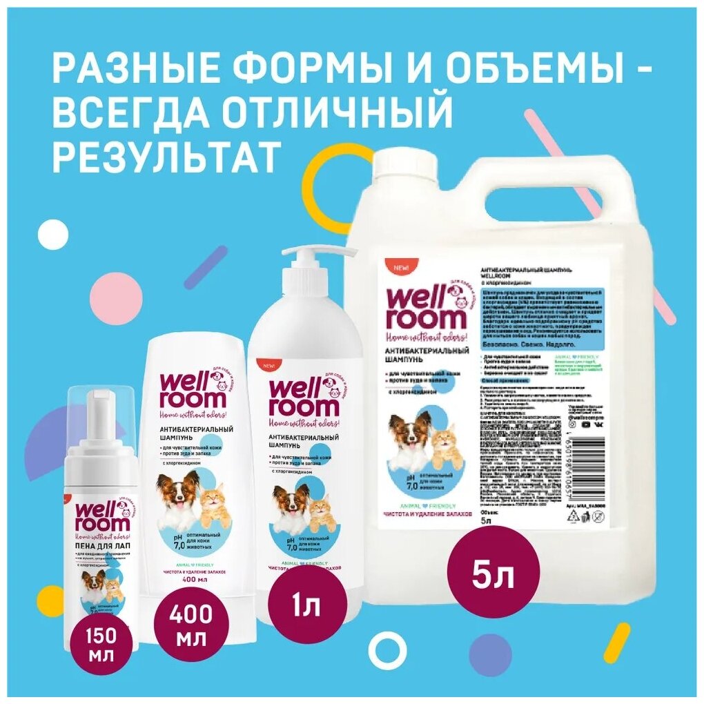 Универсальный антибактериальный шампунь для кошек и собак с хлоргексидином Wellroom 1 литр - фотография № 10