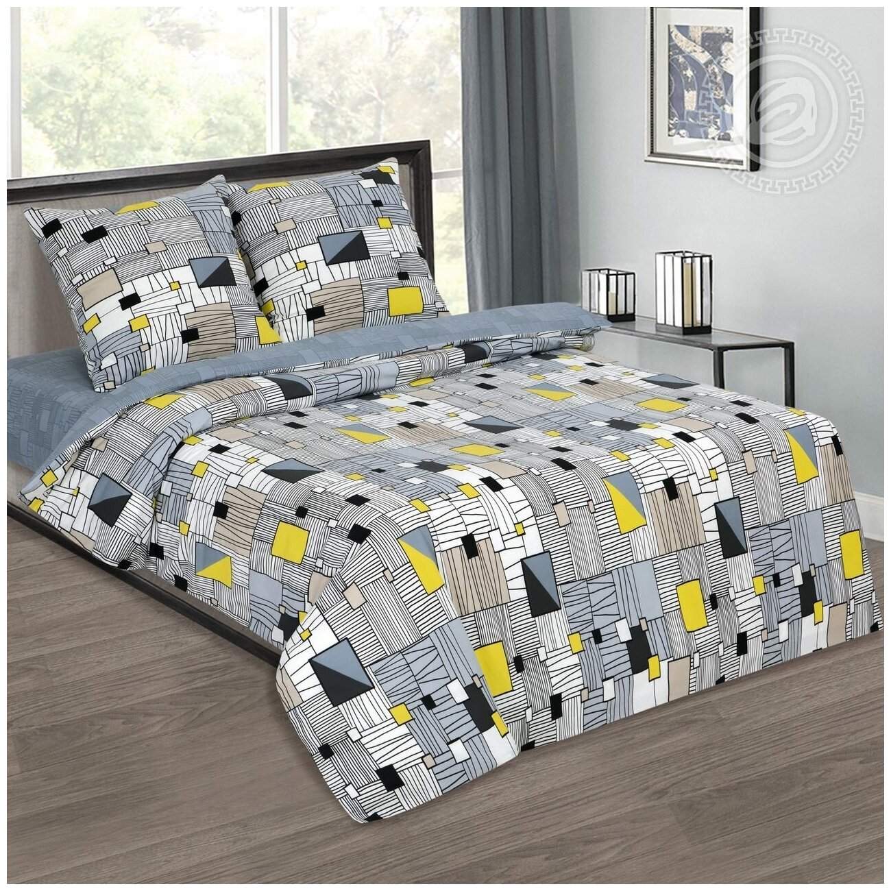Комплект постельного белья АртПостель, «Витраж» 2 спальный Евро, геометрия, серый