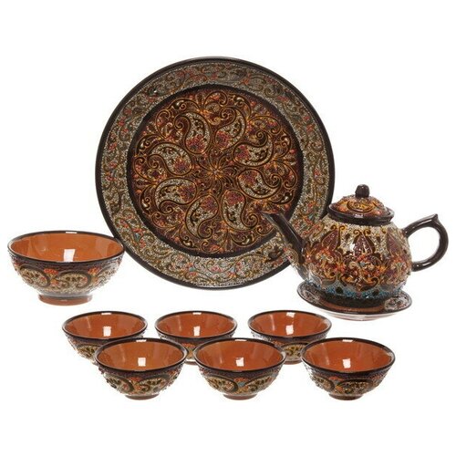 Набор чайный (блюдо, чайник, пиала 6шт) Бисер коричневый Риштанская керамика