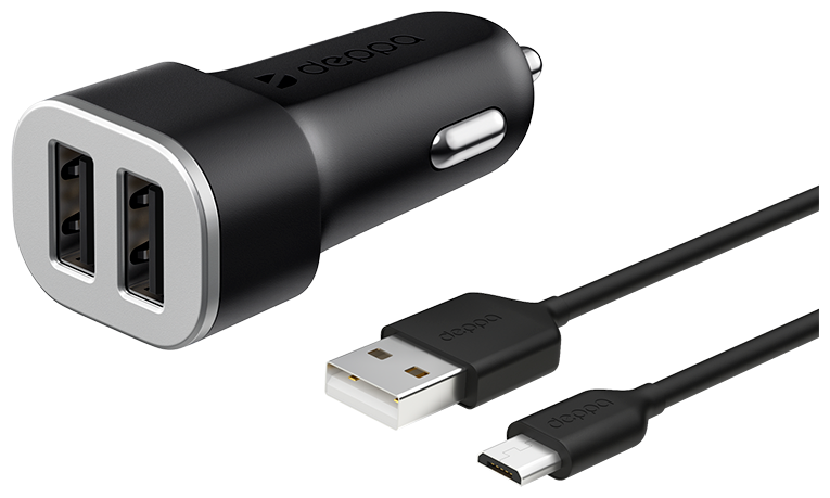 АЗУ 2 USB 2.4А + кабель micro USB, черный, Ultra, Deppa 11283