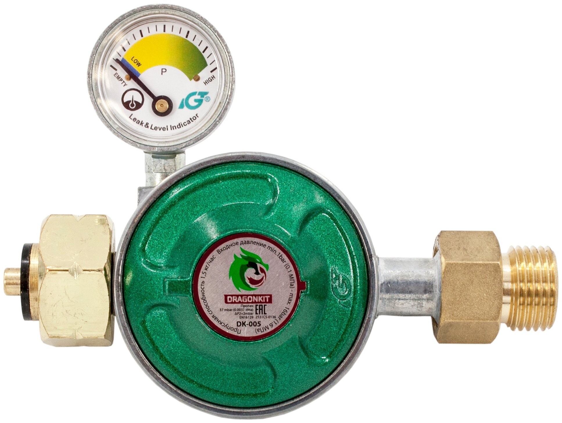 Пропановый регулятор давления газа DK-005 (выход резьба 1/2) с предохранительным клапаном кнопкой и манометром DRAGONKIT