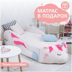 Детская кровать-игрушка Romack Единорожка Dasha с ящиком для белья, подъемным механизмом, матрас 70*170 см