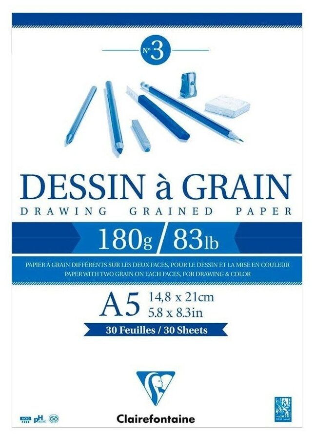 Бумага для графики Clairefontaine Скетчбук-альбом "Dessin a Grain" А5 180г/м2, 30л, мелкозерн, Clairefontaine, склейка