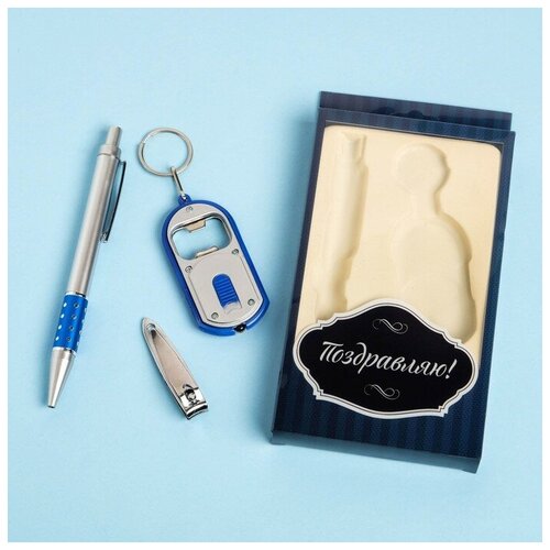 Набор подарочный 3в1 (ручка, кусачки, брелок-открывалка с фонариком) микс брелок металл синий