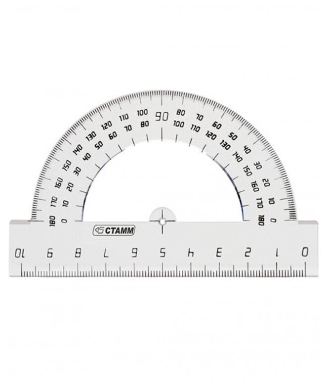 Транспортир 10 см, 180 градусов СТАММ, полистирол, прозрачный бесцветный, 3 шт