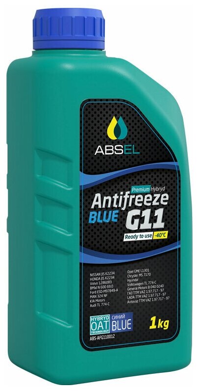 Охлаждающая жидкость ABSEL Антифриз гибридный G11 Синий -40C 1 кг ABSAFG110012 28084 ASTM D3306 SAE J 1034 Avtovaz TTM VAZ 1.97.717 - 97 Audi TL 774-C