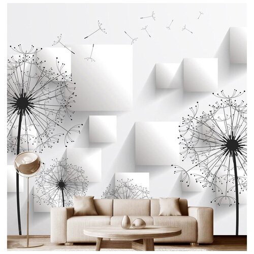 Фотообои на стену флизелиновые Модный Дом Одуванчики с белыми квадратами 300x290 см (ШxВ), в спальню, гостиную