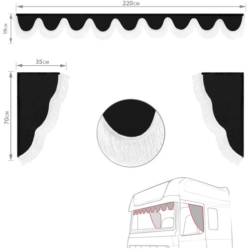 PEGAS TRUCK Ламбрекен с уголками для грузовых автомобилей / Шторки солнцезащитные на лобовое и боковые стекла для грузовиков / велюр черный 220 см