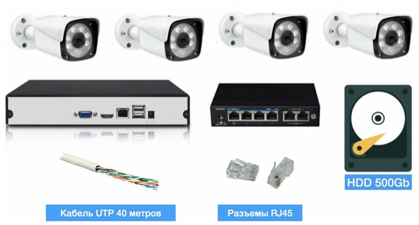 Полный IP POE комплект видеонаблюдения на 4 камеры (KIT4IPPOEIB5_HDD500GB_UTP)