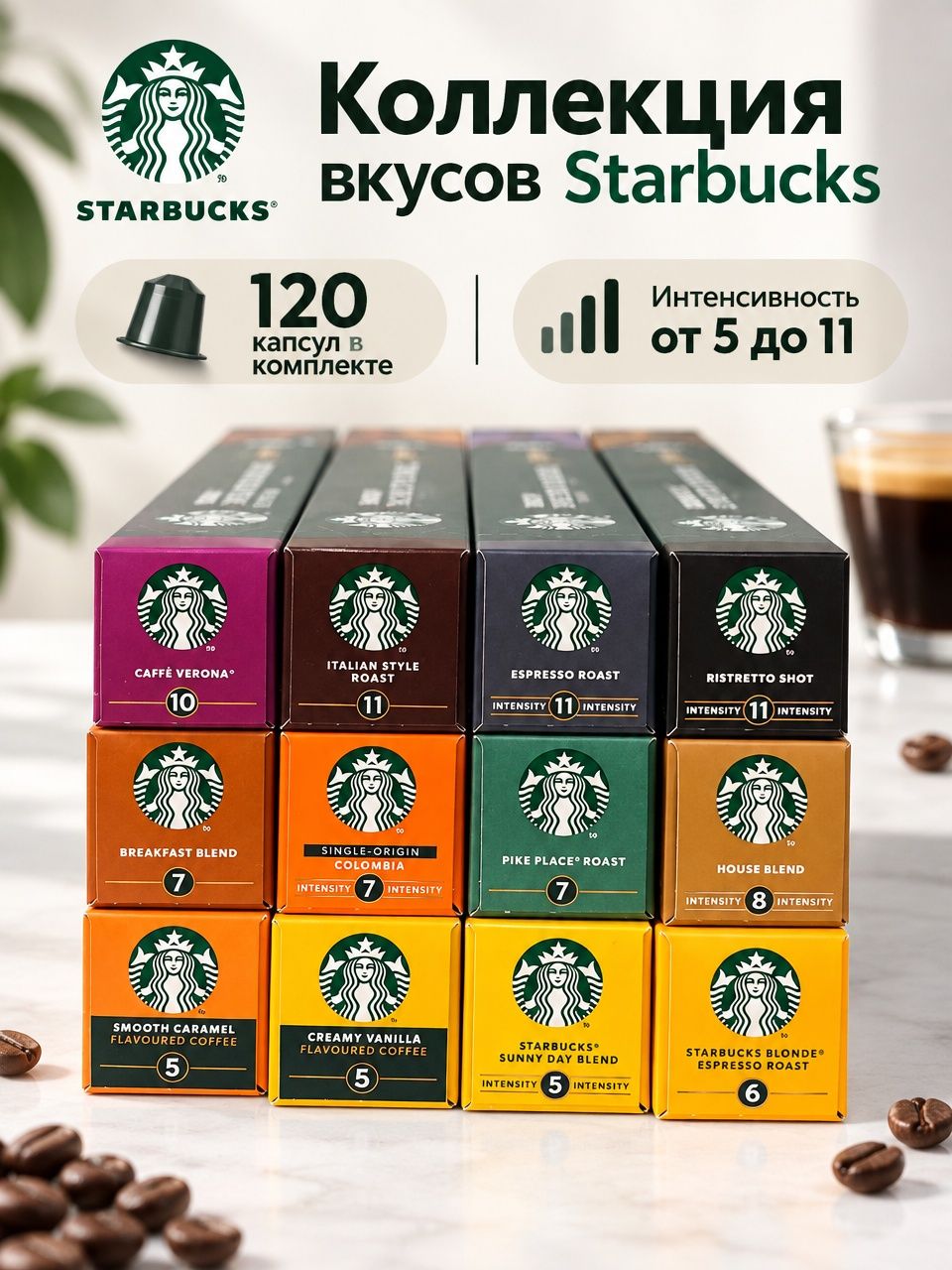 Кофе в капсулах Starbucks Blonde Espresso House Blend Espresso Roast Caramel Sunny Day Pike Place Verona Creamy Vanilla Ristretto Shot Colombia Italian Style Breakfast Blend, 120 капсул 12 упаковок