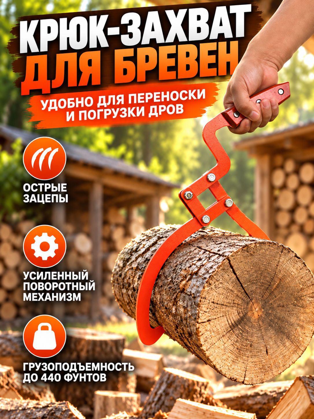 Крюк-захват для бревен, захват для дров ручной, грузоподъемность до 440 фунтов для работ с поленьями на даче