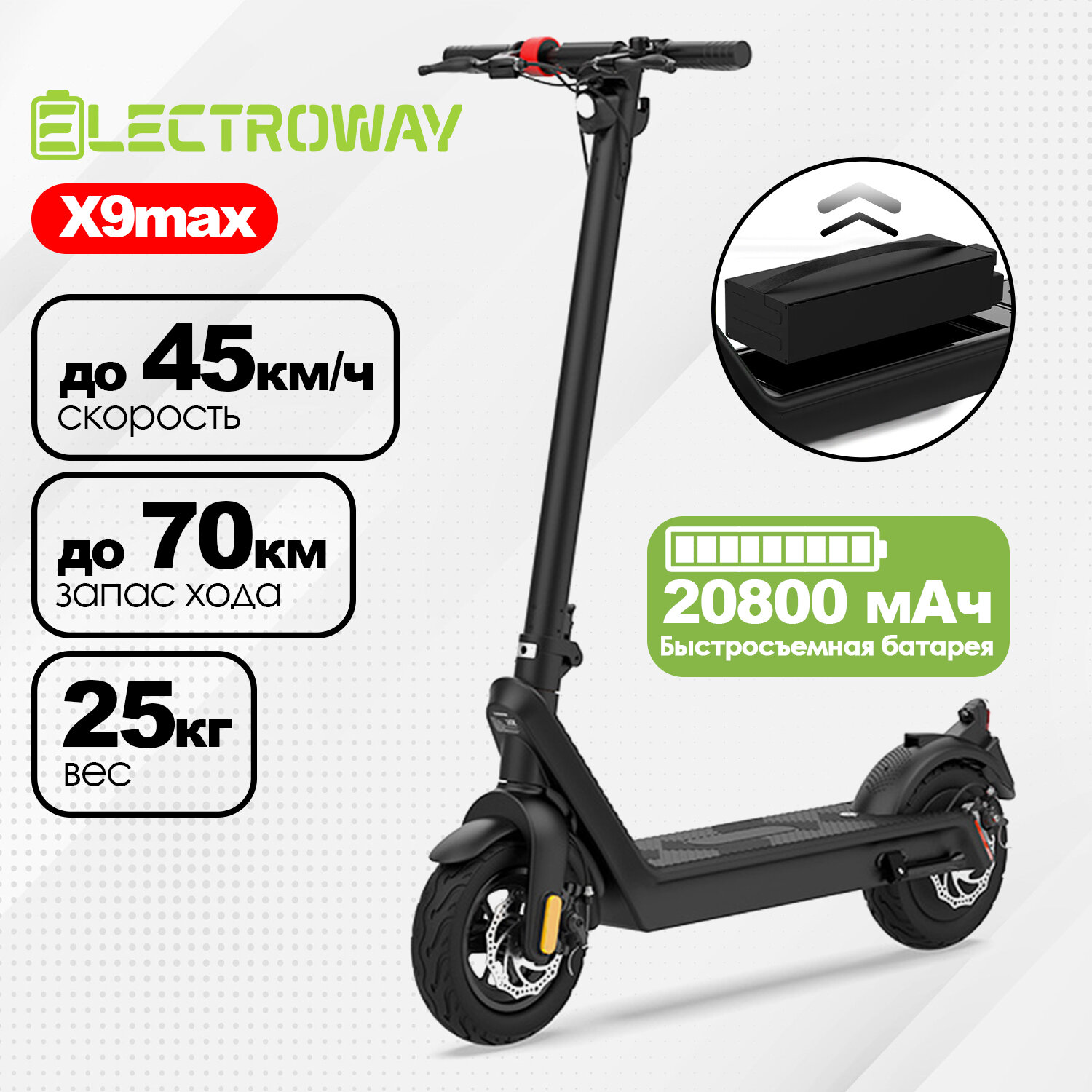 фото Электросамокат с быстросъемной батареей ELECTROWAY X9max. Запас хода до 70 км / скорость до 45 км/ч. Электрический самокат городской складной для взрослых
