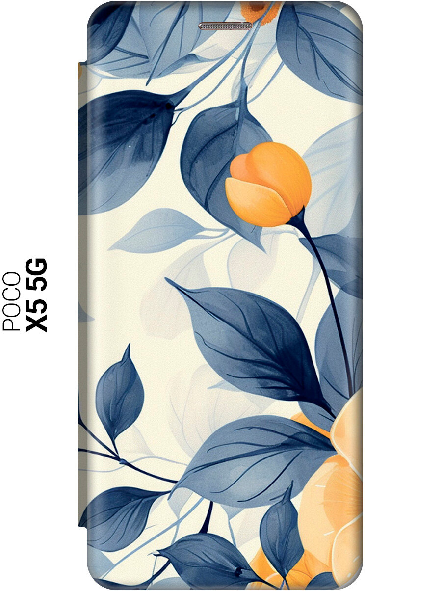 Чехол-книжка на Xiaomi Poco X5 5G с принтом "Оранжевые маки" золотой