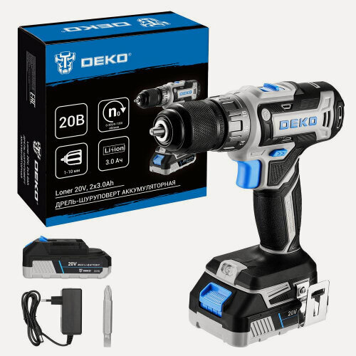 Изображение товара Дрель-шуруповерт аккумуляторная Deko Loner 20V, 20В, 2x3.0Ач (085-1005)
