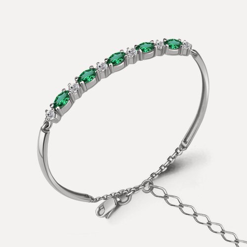 Изображение товара Жесткий браслет, серебро, 925 проба, родирование, фианит, изумруд синтетический