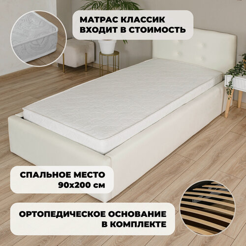 Изображение товара Кровать Роза Велюр Слоновая кость с матрасом Классик (17 см), 90х200 см