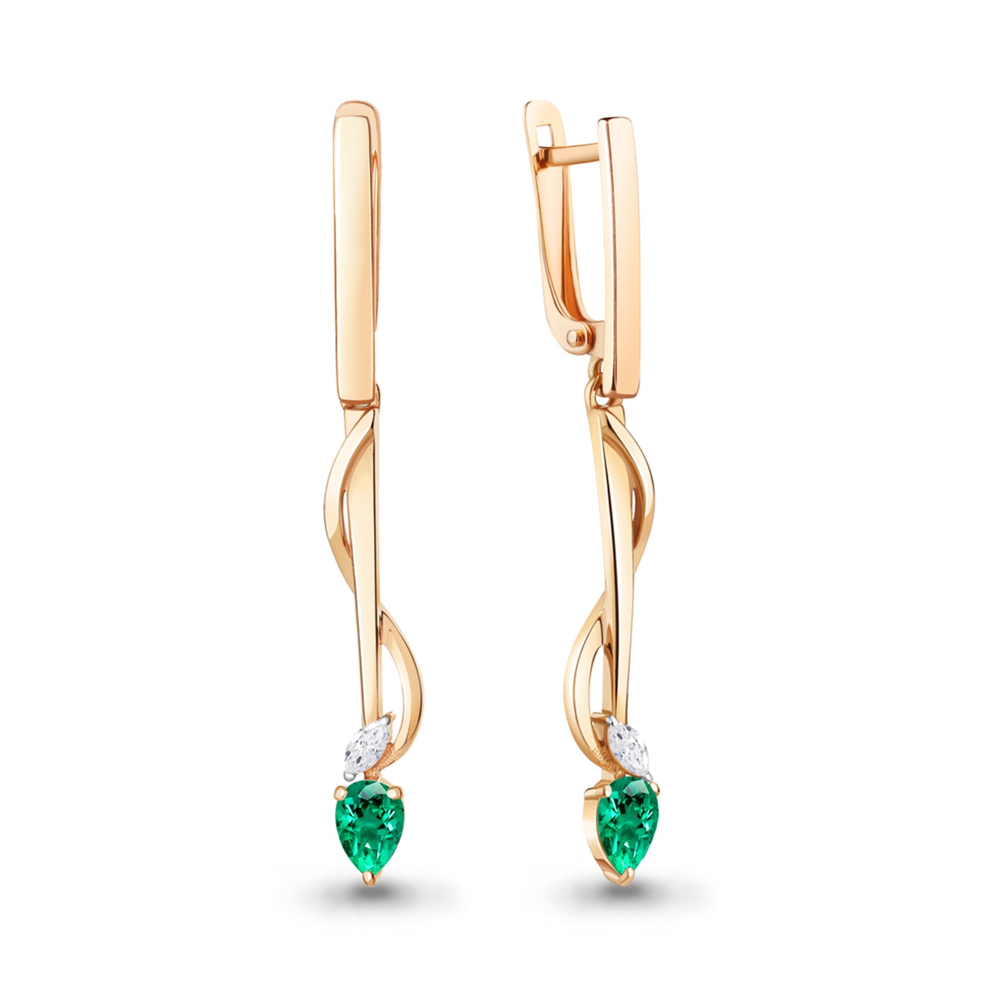 Серьги Diamant online, серебро, 925 проба, золочение, фианит, изумруд синтетический, длина 4.5 см, , зеленый
