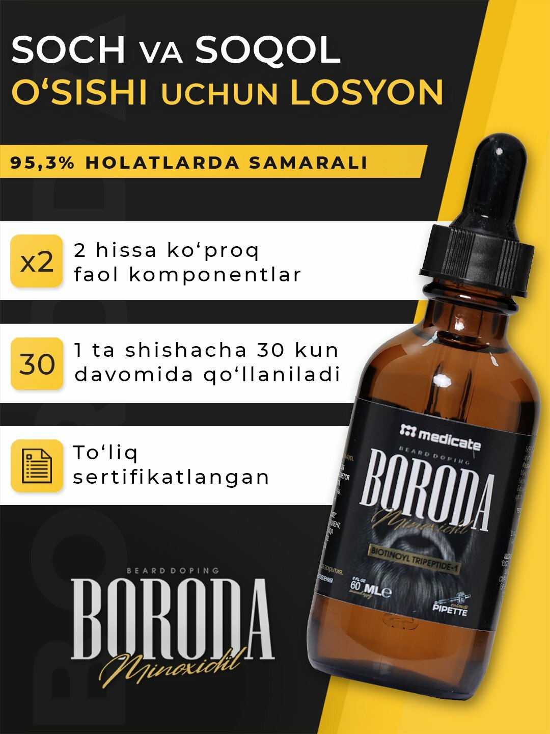 BORODA средство для роста бороды minoxidil 5%, 60 мл + пипетка с дозатором — фото 1