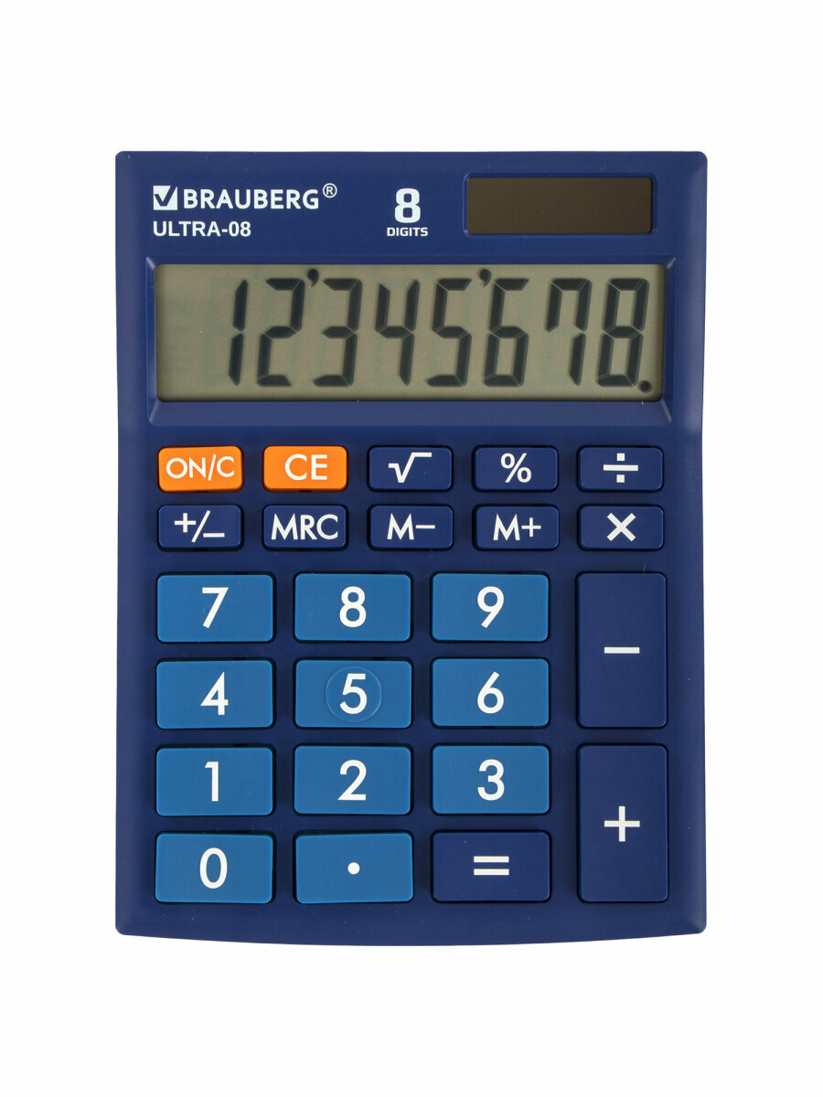 Калькулятор настольный BRAUBERG ULTRA-08-BU, компактный (154x115 мм), 8 разрядов, двойное питание, синий, 250508 — фото 1