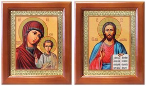 Венчальная пара "Спаситель-Казанская" (лики № 128-129), две иконы в рамках 12,5*14,5 см