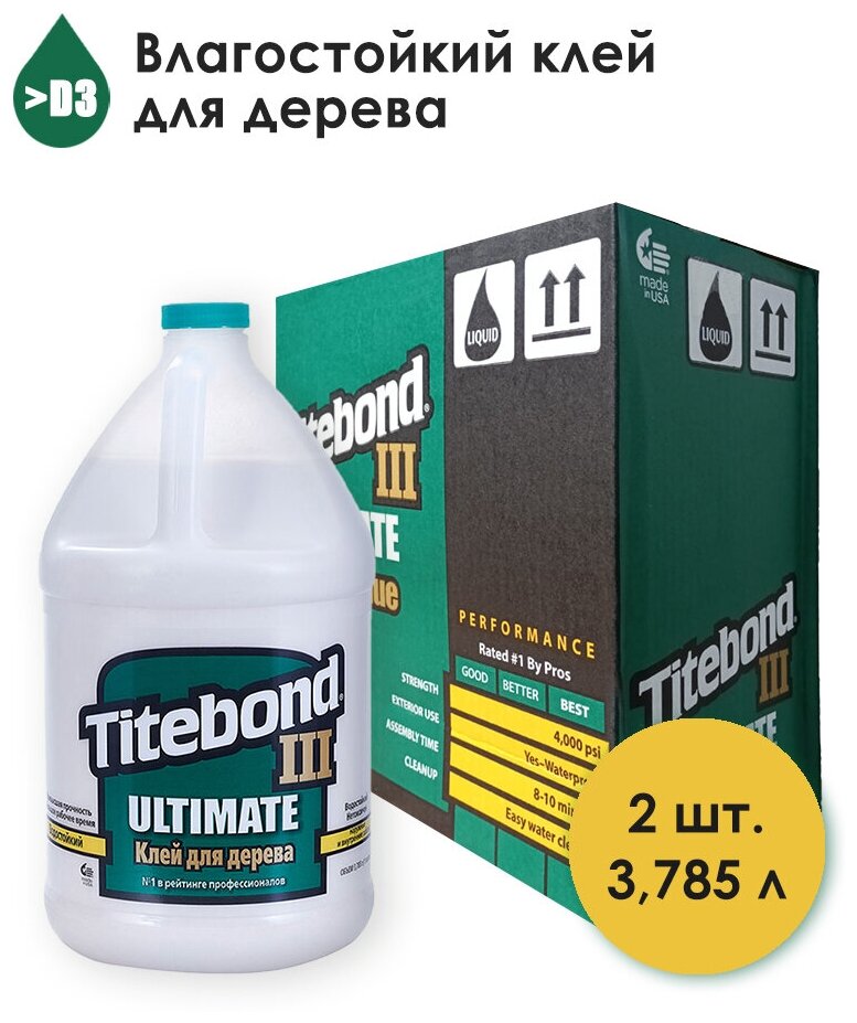 Столярный ПВА клей Titebond III Ultimate повышенной влагостойкости, 3,785 л, коробка 2 штуки