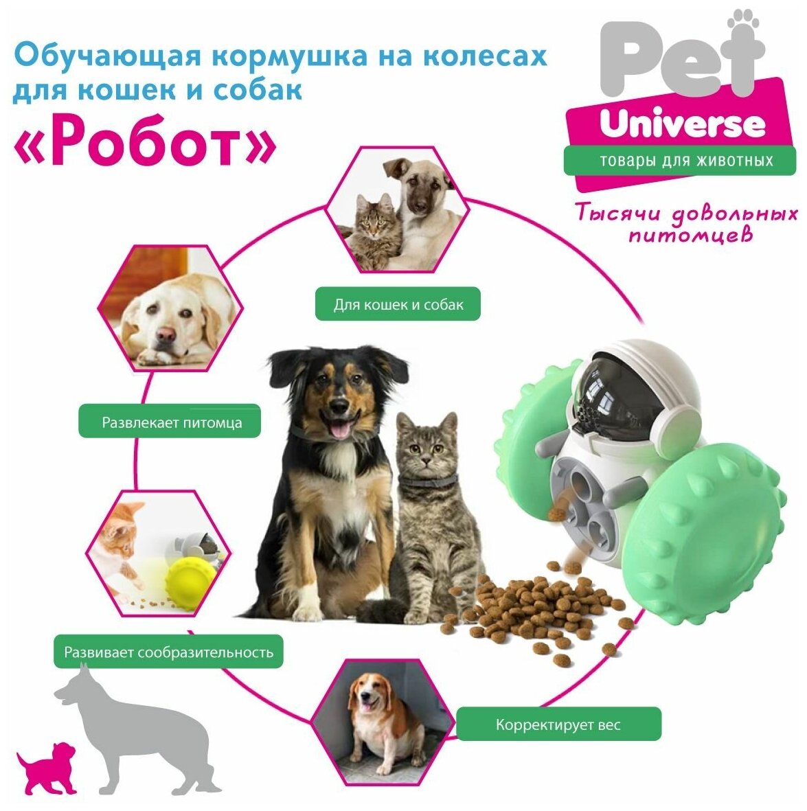 Развивающая игрушка для собак и кошек Pet Universe, головоломка, обучающая кормушка дозатор Робот на колесах, для медленной еды и лакомств, IQ PU1005GN - фотография № 3