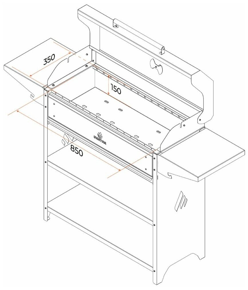 Мангал 1582х445х1110 мм, 3 мм, разборный, с крышкой, стационарный, крыша, гриль, складные полки, термоизоляция, Gratar, Profession