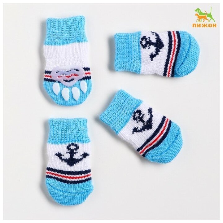 Носки для собак Пижон нескользящие "Моряк", размер S, 2,5-3,5х6 см, набор 4 шт, голубые