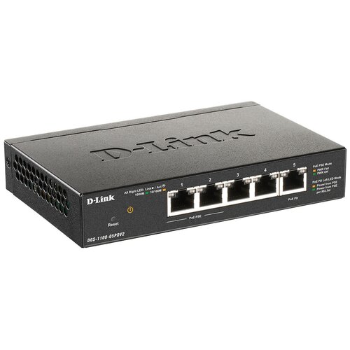 D-Link Сетевое оборудование DGS-1100-05PDV2 A1A Настраиваемый L2 коммутатор с 5 портами 10 100 1000Base-T 2 порта PoE, 1 порт для питания коммутатор настраиваемый d link dgs 1100 05pdv2