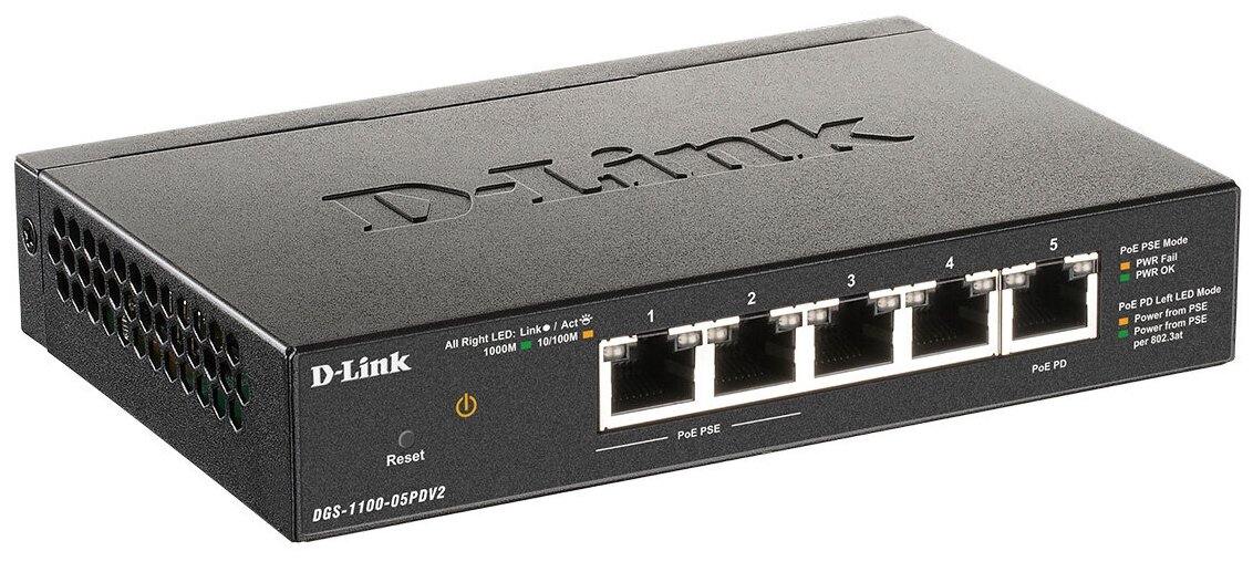 D-Link Сетевое оборудование DGS-1100-05PDV2 A1A Настраиваемый L2 коммутатор с 5 портами 10 100 1000Base-T 2 порта PoE, 1 порт для питания