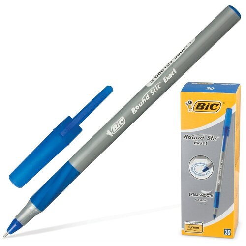 Ручка шариковая с грипом BIC Round Stic Exact, синяя, корпус серый, узел 0,8 мм, линия письма 0,3 мм, 20 шт.