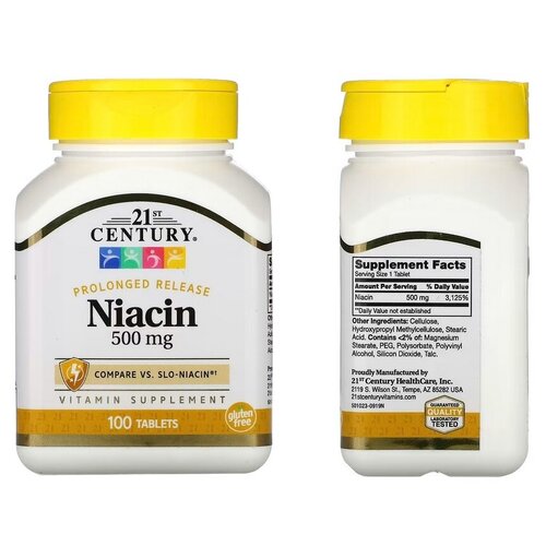 21st Century, Niacin, Ниацин, замедленное высвобождение, 500 мг, 100 таблеток