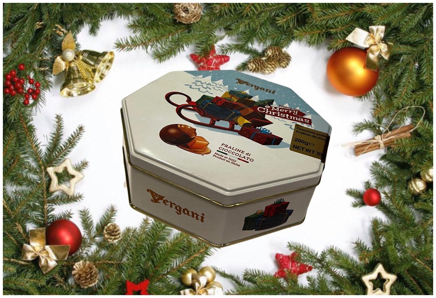 Шоколадные конфеты Vergani Merry Christmas, карамель, ж/б (Италия) 200 гр. - фотография № 1