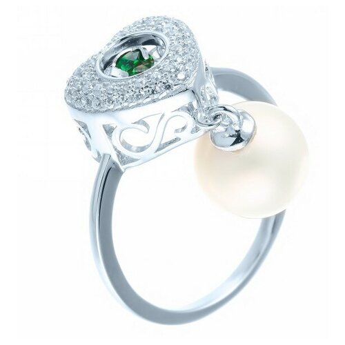 Кольцо JV, серебро, 925 проба, фианит, жемчуг, размер 18 кольца джей ви серебряное кольцо с жемчугом цирконием