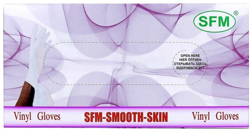Перчатки виниловые смотровые SFM, цвет: прозрачный, размер S, 100 шт. (50 пар), нестерильные, неопудренные, с РУ