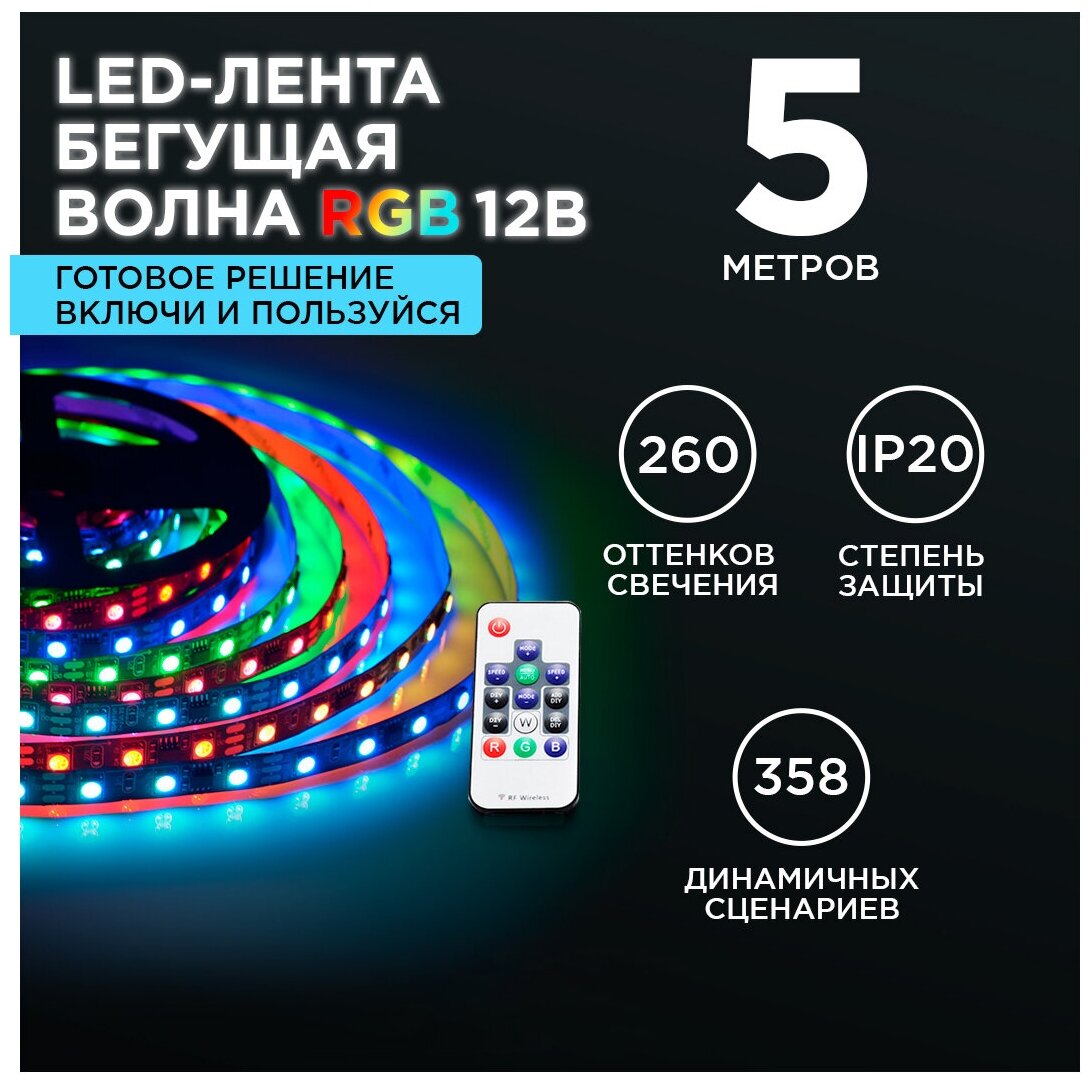 Комплект светодиодной ленты RGB Apeyron 83ЦЛ 12В, обладает разноцветным цветом - 260 оттенков. 5 м. 10 мм. IP20, 358 различных режимов. - фотография № 1