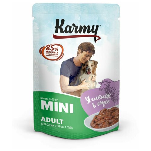 Влажный корм для собак Karmy для мелких пород старше 1 года Mini Adult Мясные кусочки в соусе, Ягненок, пауч (0.08 кг) 12 шт (2 упаковки)