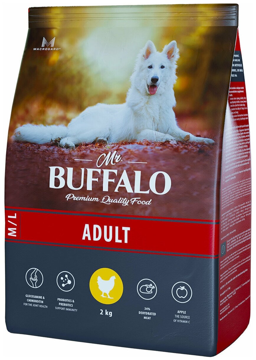 Сухой корм для взрослых собак средних и крупных пород Mr.Buffalo ADULT M/L, с курицей 2 кг.