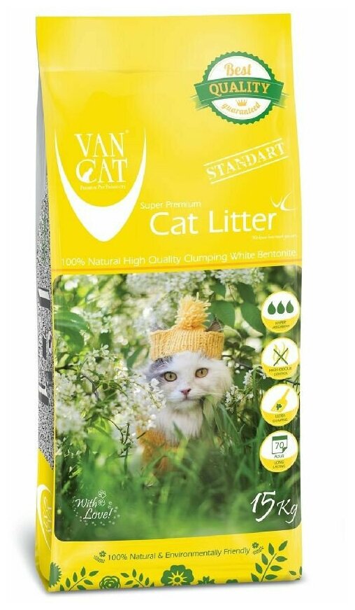 Van cat комкующийся наполнитель стандарт, без пыли, пакет (natural standart), 15,000 кг - фотография № 1