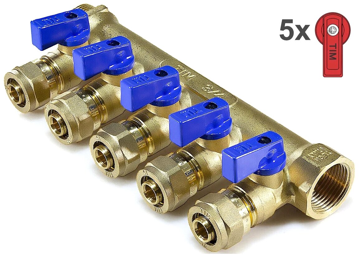 Коллектор проходной запорный Tim 200-3/4(5) 3/4" НР-ВР 5 отводов цанга 16мм