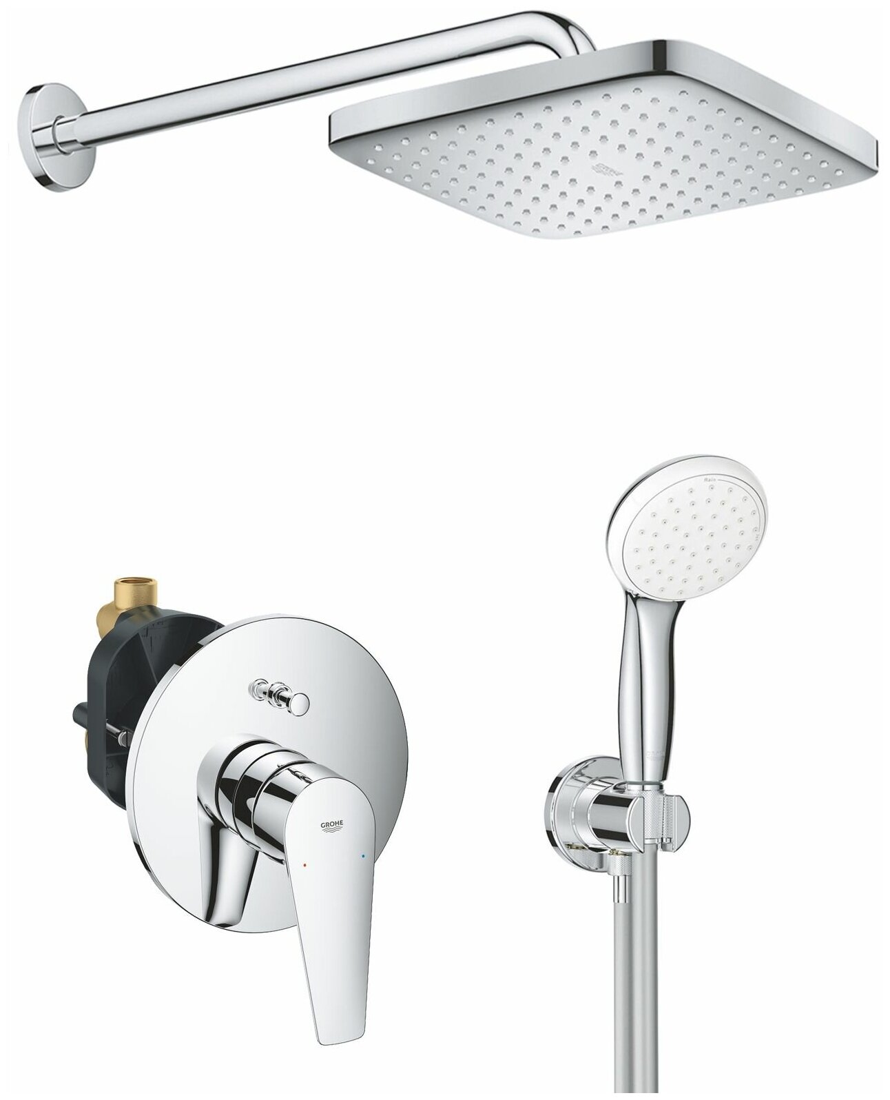 Душевая система с квадратным тропическим душем Grohe BauEdge Cube Contemporary 250, хром