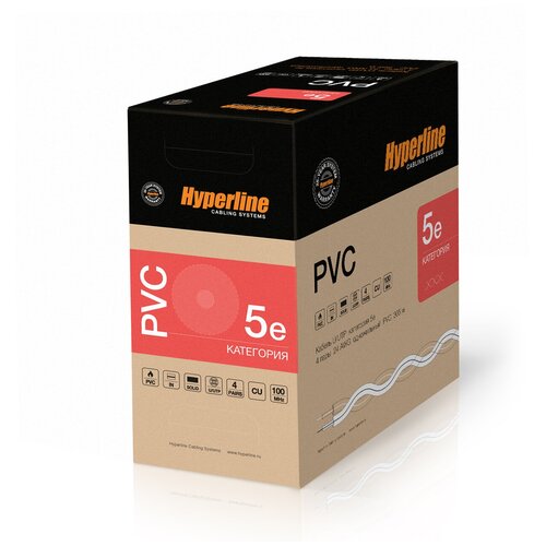 Витая пара Hyperline UTP кат.5e 4 пары CU 305м оранжевый (UUTP4-C5E-S24-IN-PVC-OR-305)